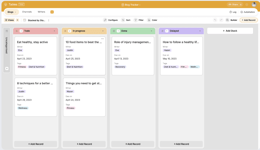 Zoho tables kanban view